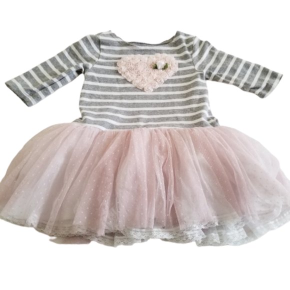 marmellata Other - 🟢Marmellata Tulle Dotted Swiss Striped Dress  Floral Center Gray White Pink